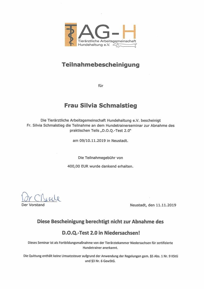 Teilnahmebescheinigung Silvia Schmalstieg Hundtrainerseminar D.O.Q.-Test 2.0