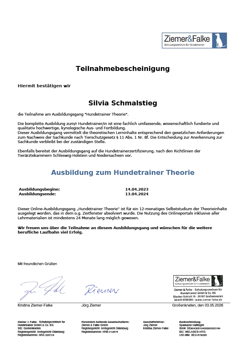 Teilnahmebescheinigung Ausbildung zum Hundtrainer Theorie bei Ziemer&Falke