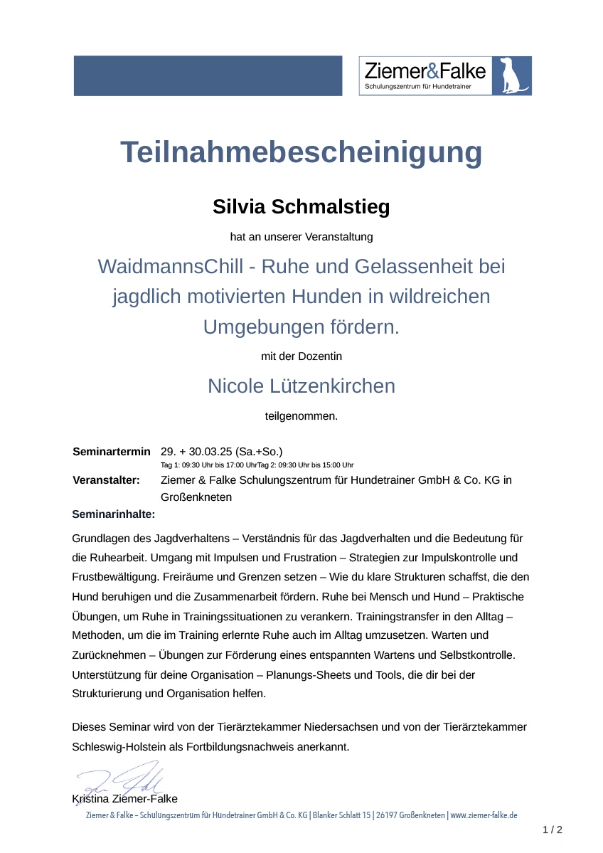 Teilnahmebescheinigung Waidmannschill Nicole Lützenkrichen bei Ziemer&Falke